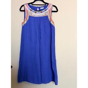 Westport Women’s Aztec Embroidered Beaded Trim Sleeveless Shift Dress Blue  S